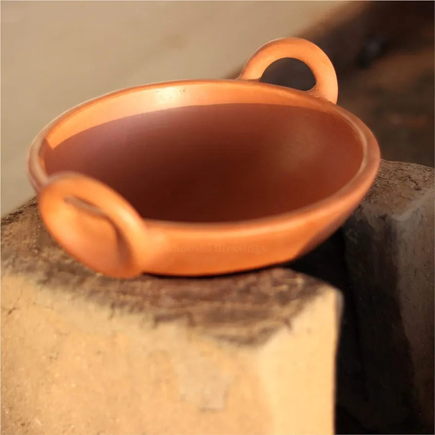 Unglazed Clay Kadai/ Mitti ka Bartan/ Handmade Earthen Kadai for Cooking, 2 Liters (with Natural Firing Shade & Mirror Shine) + Free ASH for Cleaning