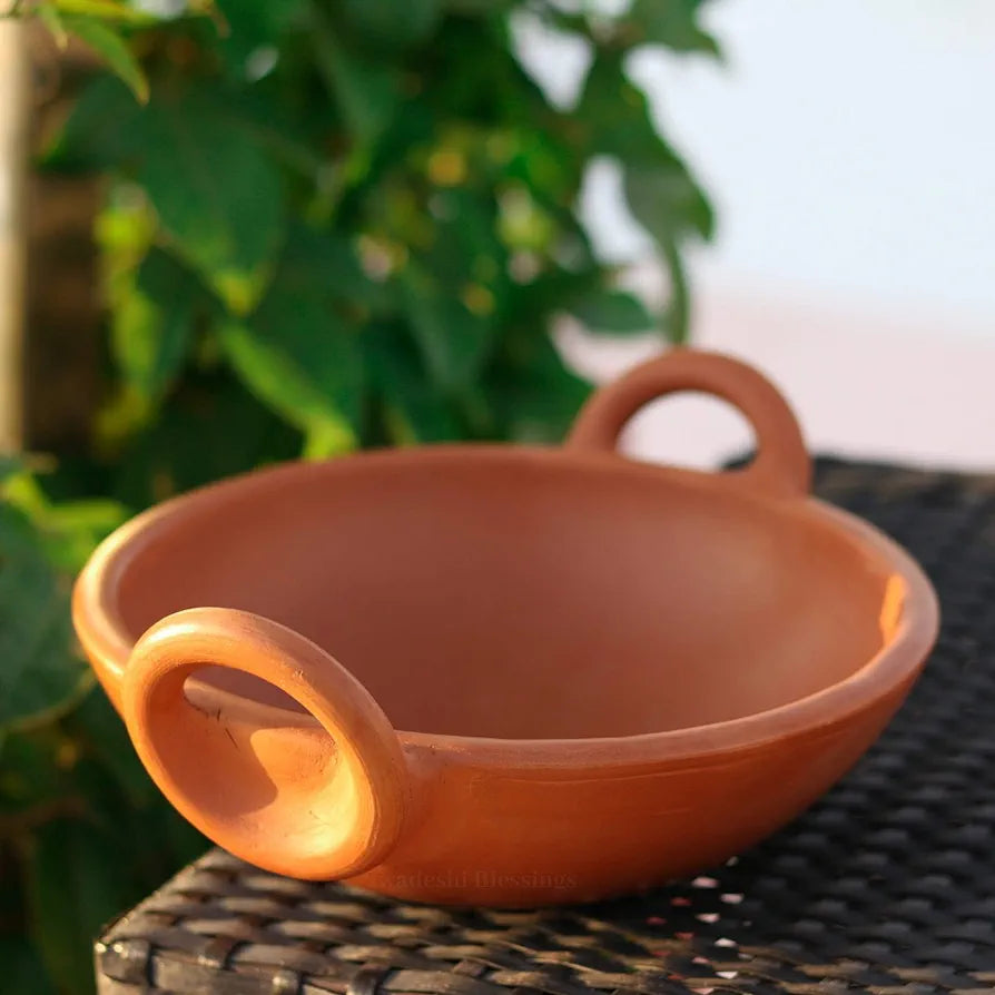 Unglazed Clay Kadai/ Mitti ka Bartan/ Handmade Earthen Kadai for Cooking, 2 Liters (with Natural Firing Shade & Mirror Shine) + Free ASH for Cleaning