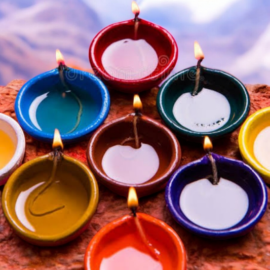 Indian clay craft Multicolored Wax Diya for Diwali Decoration | Matki Diya with Wax Filled (Set of 51) | Diya for Puja | Designer Diye | Mitti Ke Deepak - Made in India